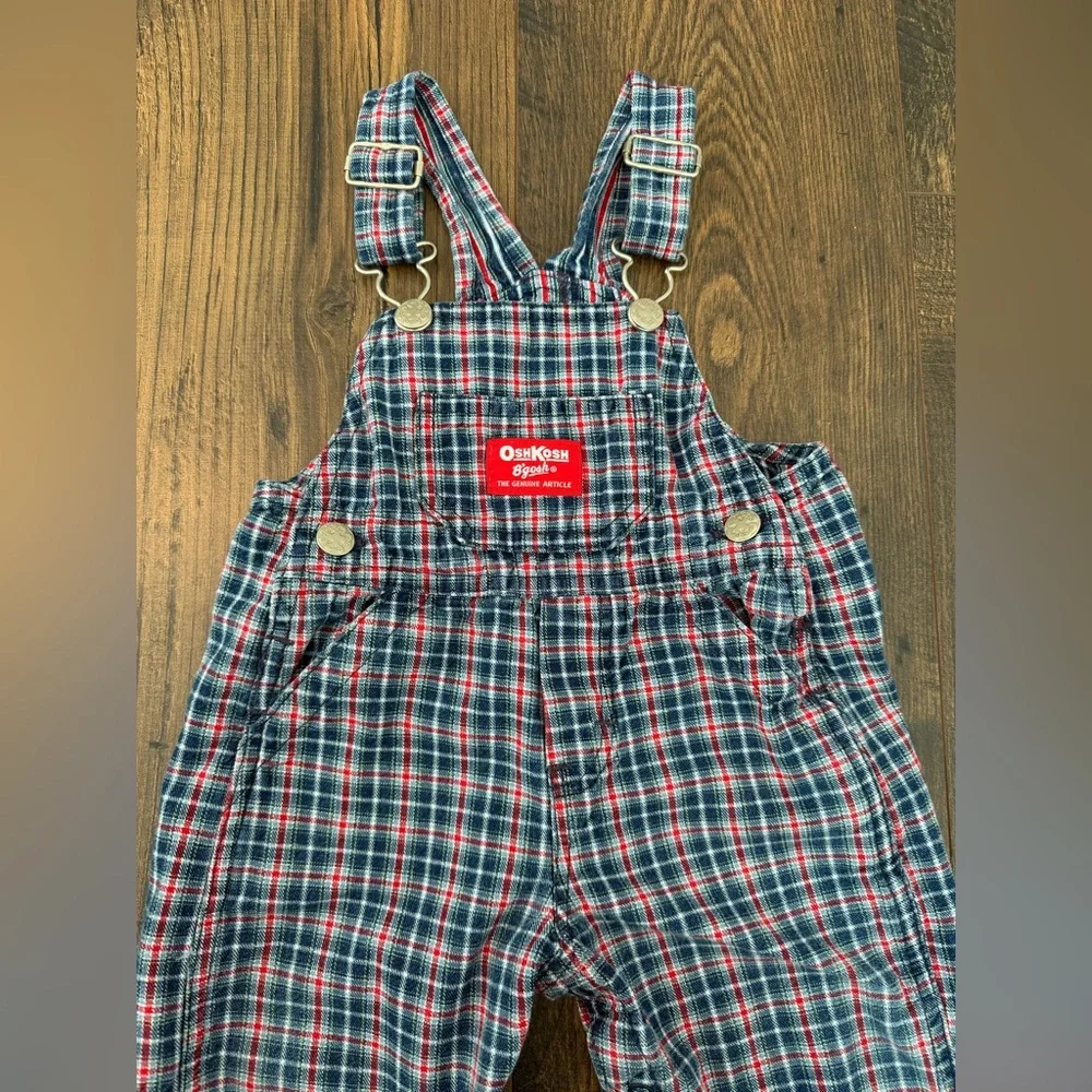 Vintage OshKosh BGosh Red White Blue Plaid Overalls Size 12 Months